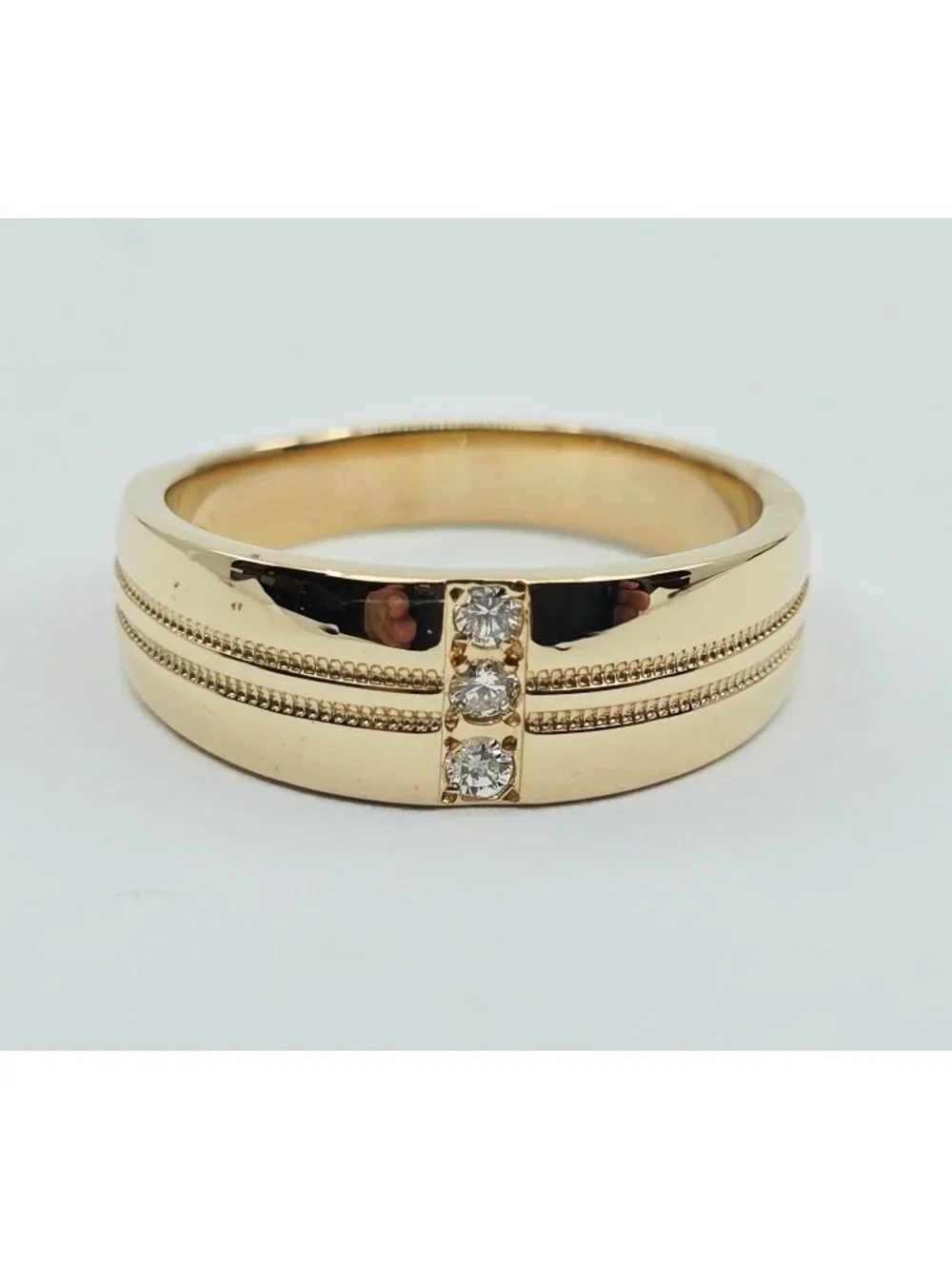 Unique 14K Solid Yellow Gold Designer Vertical Row 3 Diamond Ring Band Size 7.25
